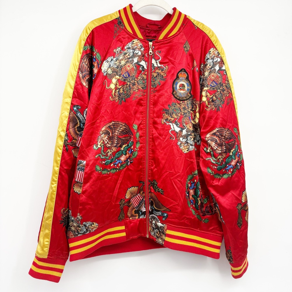 AKOO Mens Rare Red Satin Heraldic Crest Royal Streetwear Bomber Jacket Size XXL